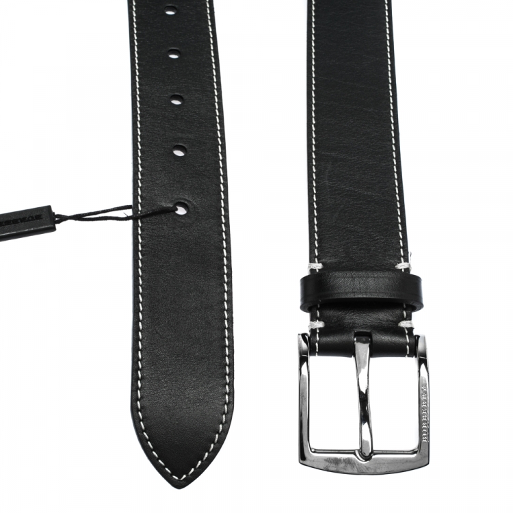 Pre Owned Burberry Black Topstitched Leather Buckle Belt 105CM
