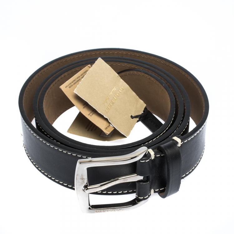Pre Owned Burberry Black Topstitched Leather Buckle Belt 105CM