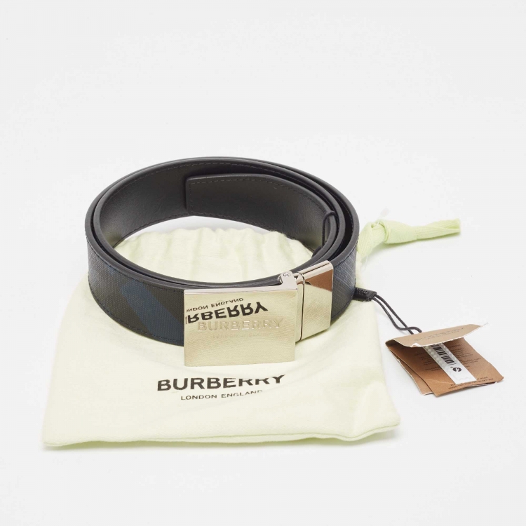 Pre Owned Burberry Blue/Black London Check Coated Canvas and Leather Ble Plague Reversible Belt 85 CM