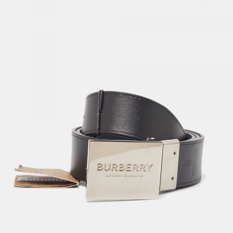 Pre Owned Burberry Blue/Black London Check Coated Canvas and Leather Ble Plague Reversible Belt 85 CM
