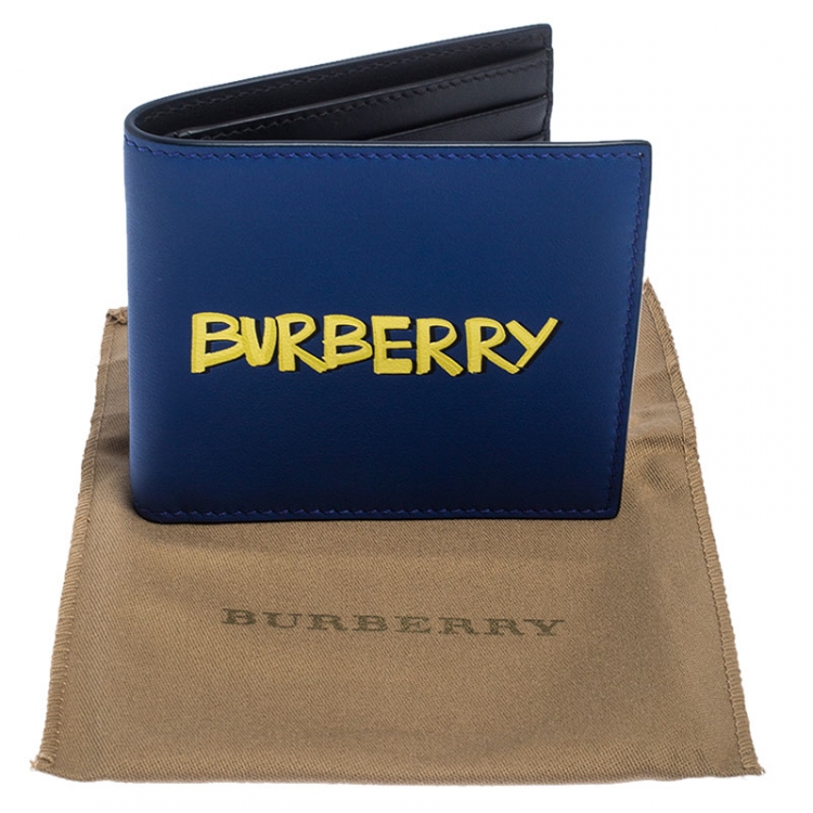 Pre Owned Burberry Blue Graffiti Print Leather Bifold Wallet