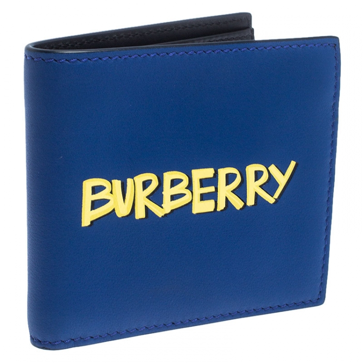 Pre Owned Burberry Blue Graffiti Print Leather Bifold Wallet