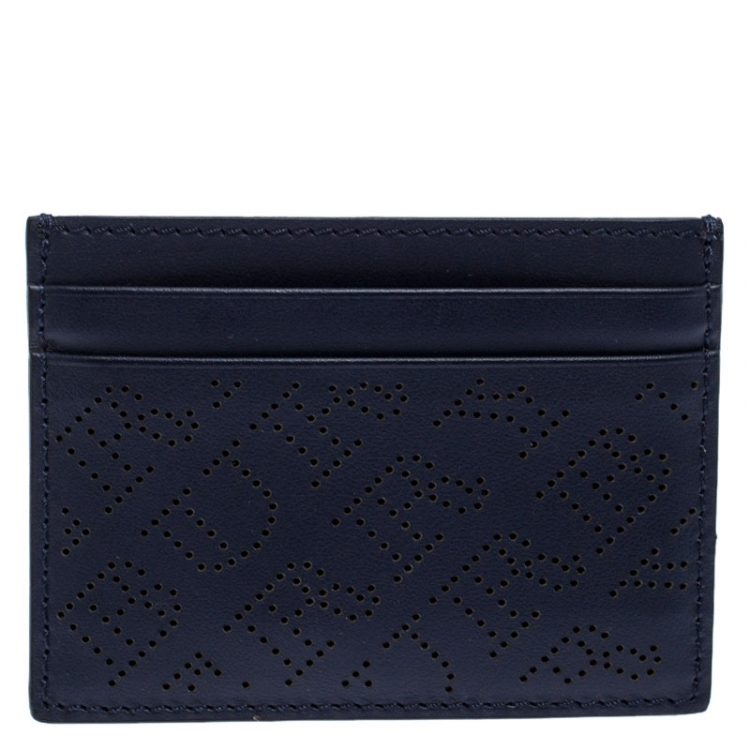 Pre Owned Burberry Navy Blue Perforated Leather Sandon Card Holder