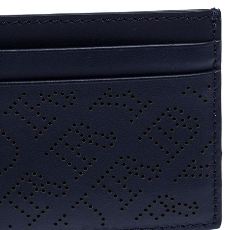 Pre Owned Burberry Navy Blue Perforated Leather Sandon Card Holder