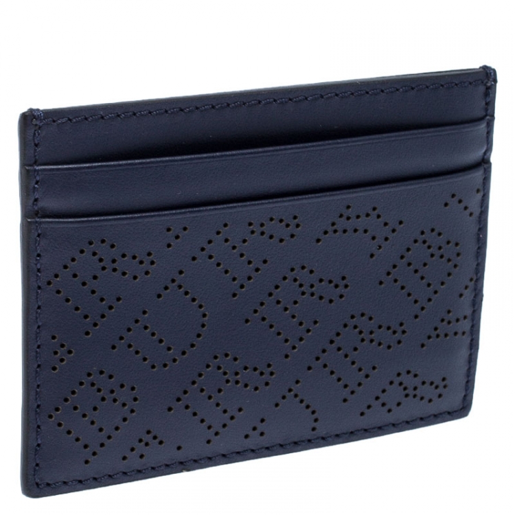 Pre Owned Burberry Navy Blue Perforated Leather Sandon Card Holder