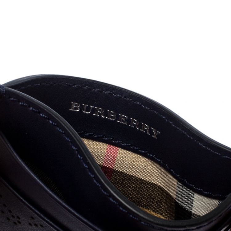 Pre Owned Burberry Navy Blue Perforated Leather Sandon Card Holder