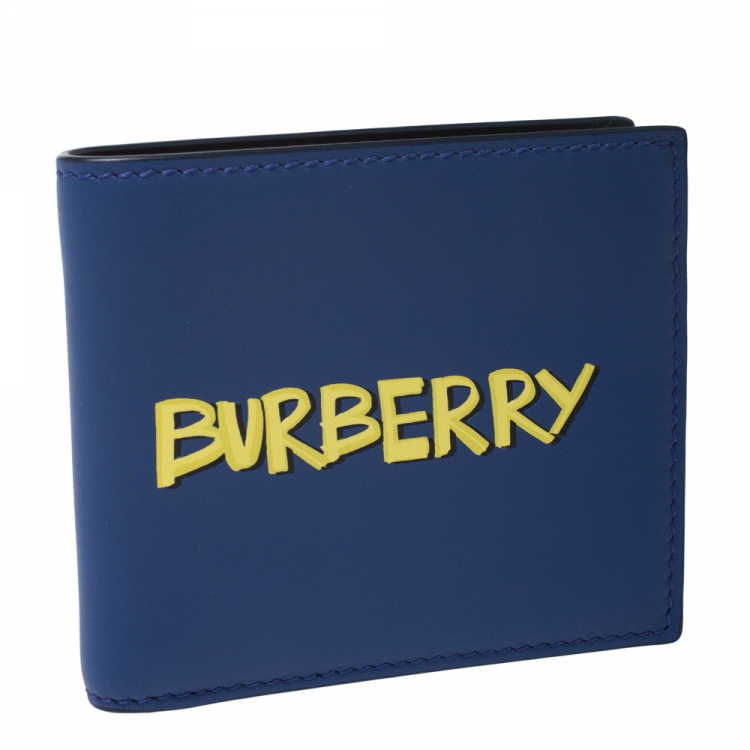 Pre Owned Burberry Blue Graffiti Print Leather Bifold Wallet