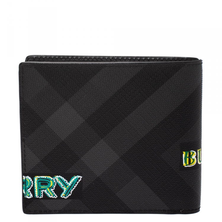 Pre Owned Burberry Charcoal Check Grafitti Print Coated Canvas Bifold Wallet