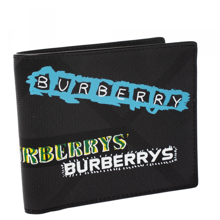 Pre Owned Burberry Charcoal Check Grafitti Print Coated Canvas Bifold Wallet