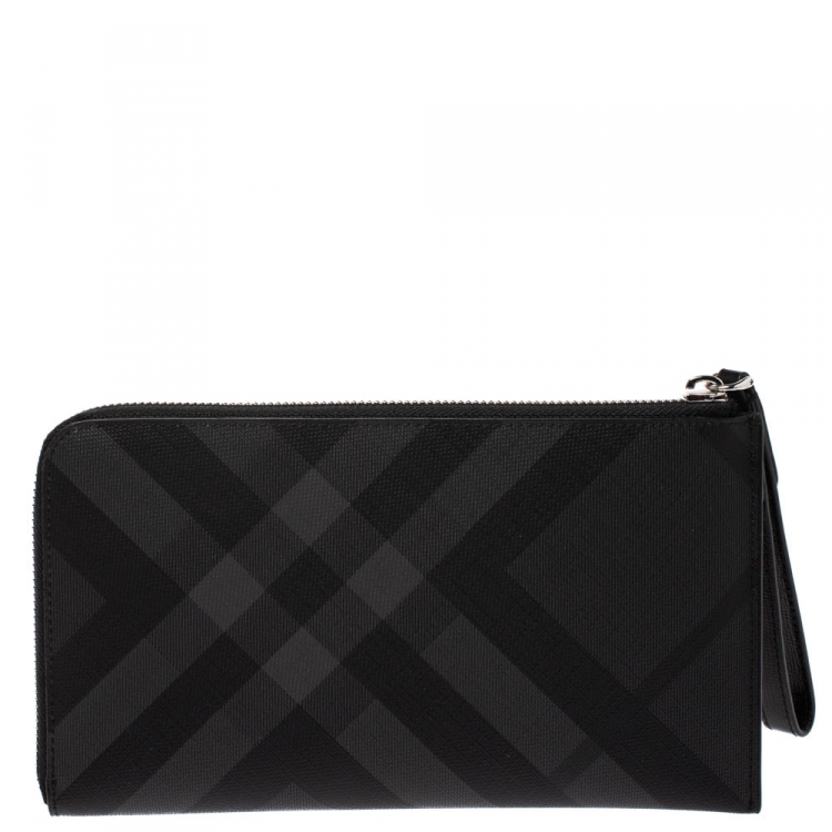 Pre Owned Burberry Charcoal Check Coated Canvas Zip Around Nolan Wristlet Wallet