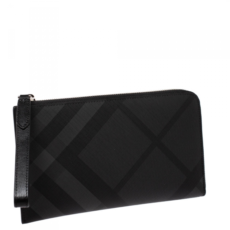 Pre Owned Burberry Charcoal Check Coated Canvas Zip Around Nolan Wristlet Wallet