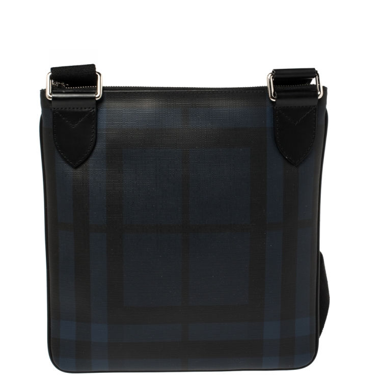 Pre Owned Burberry Navy Blue/Black London Check Coated Canvas Beckley Slim Messenger Bag