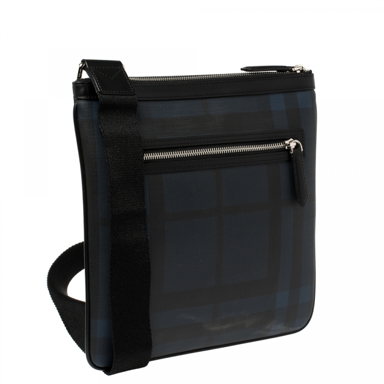 Pre Owned Burberry Navy Blue/Black London Check Coated Canvas Beckley Slim Messenger Bag