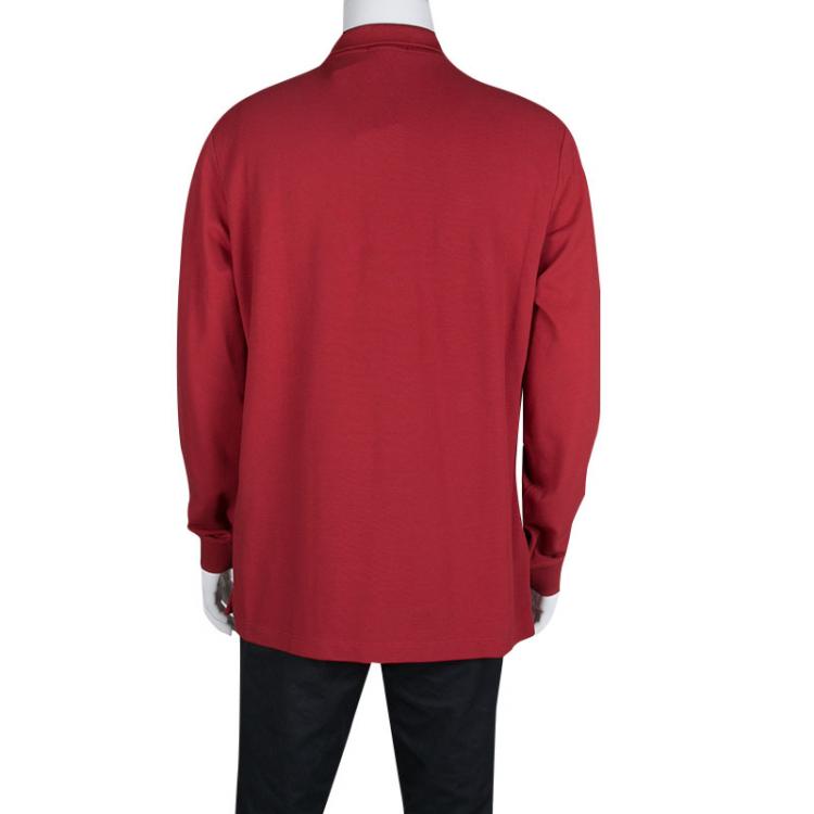 Pre Owned Burberry Brit Military Red Honeycomb Knit Long Sleeve Oxford Polo T-Shirt XL