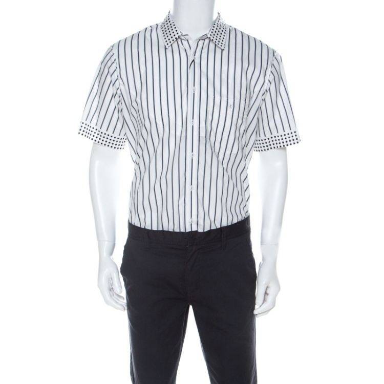 Pre Owned Burberry Black & White Striped Cotton Polka Dot Collar Detail Short Sleeve Shirt XL