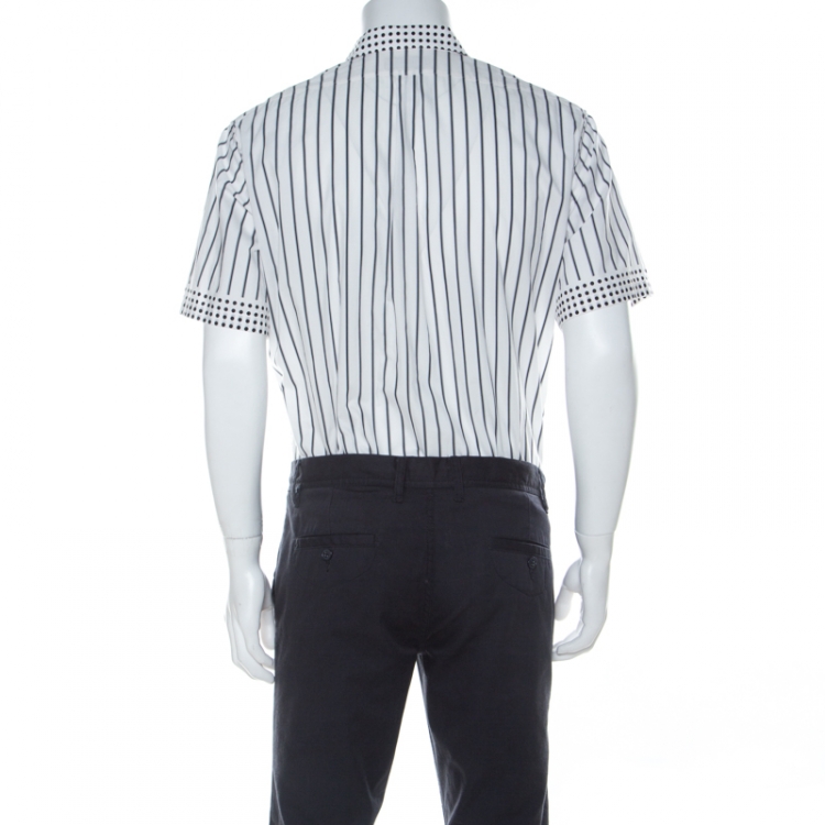 Pre Owned Burberry Black & White Striped Cotton Polka Dot Collar Detail Short Sleeve Shirt XL
