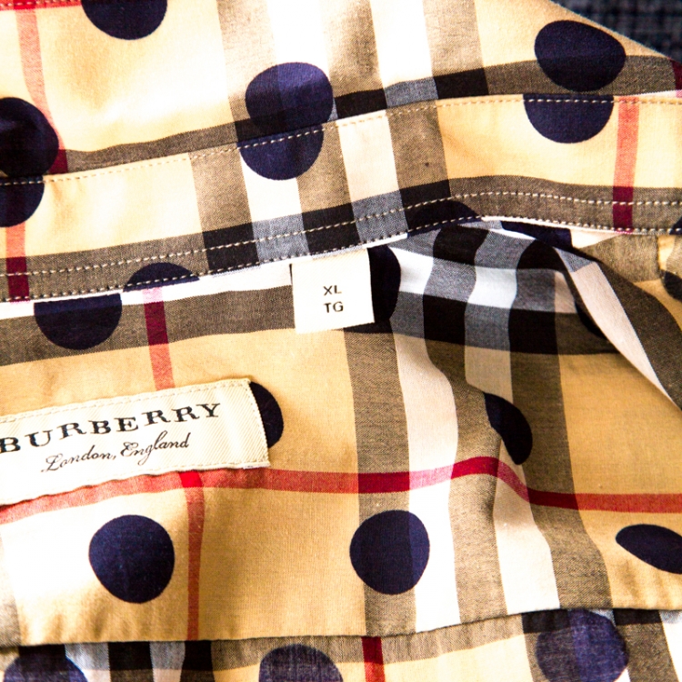Pre Owned Burberry Camel Beige Nova Check Cotton Polka Dot Detail Shirt XL