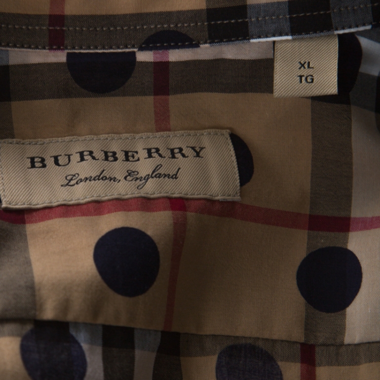 Pre Owned Burberry Camel Beige Nova Check Cotton Polka Dot Detail Shirt XL