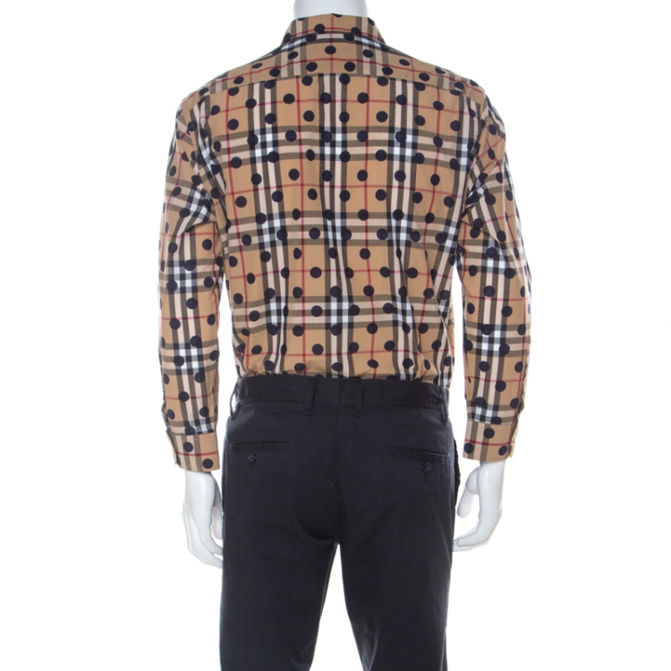 Pre Owned Burberry Camel Beige Nova Check Cotton Polka Dot Detail Shirt XL