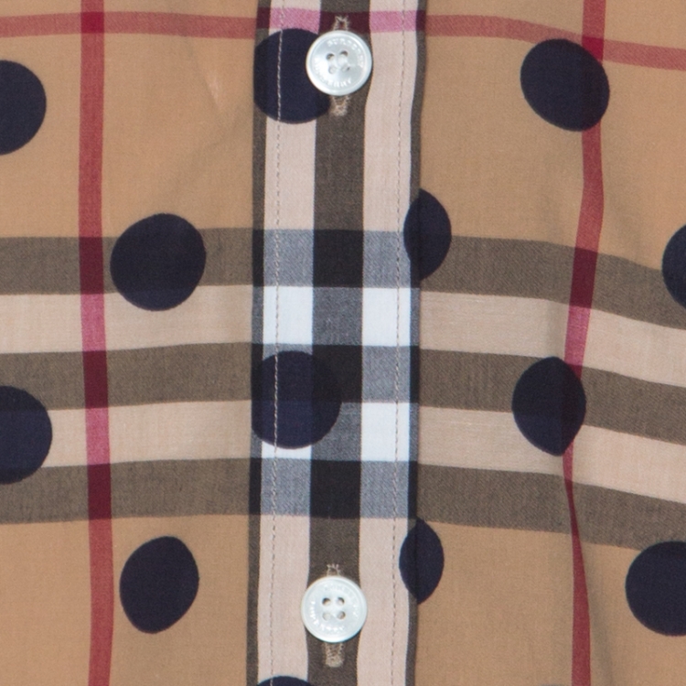 Pre Owned Burberry Camel Beige Nova Check Cotton Polka Dot Detail Shirt XL