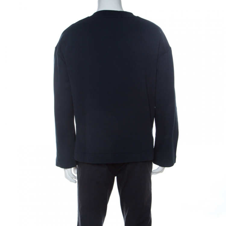 Pre Owned Burberry Navy Blue Cotton Knit Embroidered Detail Crew Neck Sweatshirt XL 