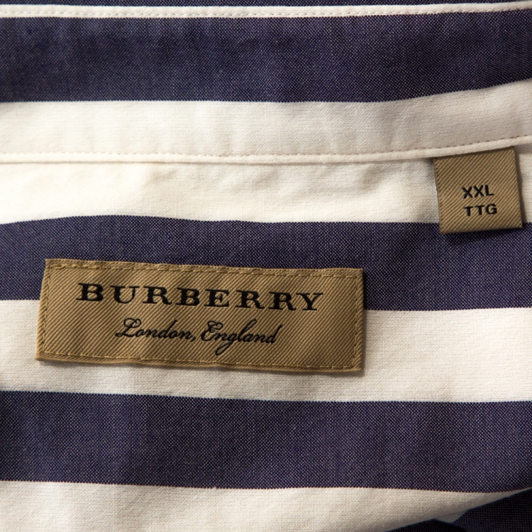 Pre Owned Burberry Blue & White Striped Cotton Harley Short Sleeve Shirt XXL