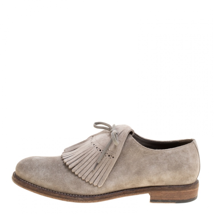 Pre Owned Burberry Grey Suede Ampney Fringe Detail Oxfords Size 43