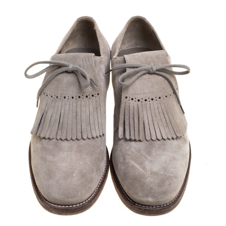 Pre Owned Burberry Grey Suede Ampney Fringe Detail Oxfords Size 43