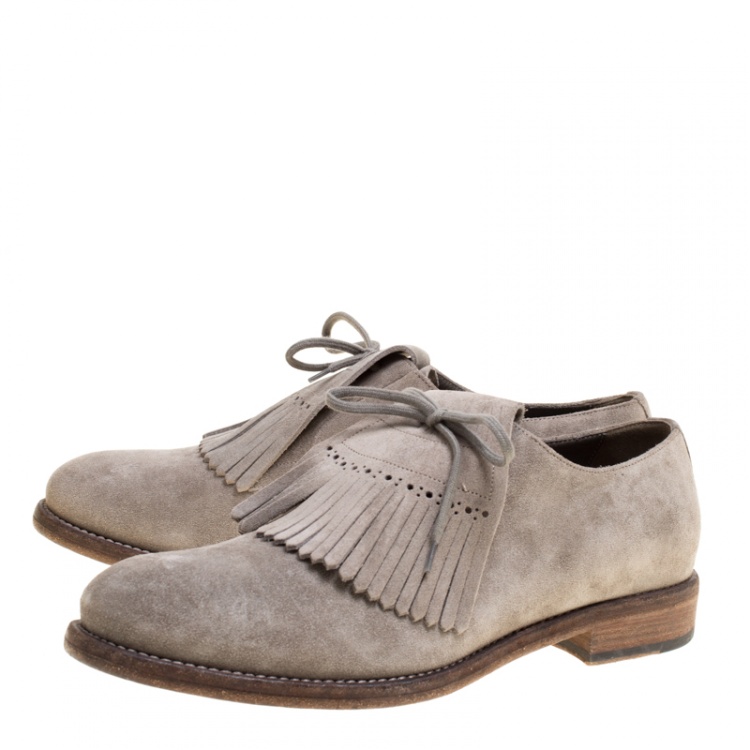 Pre Owned Burberry Grey Suede Ampney Fringe Detail Oxfords Size 43