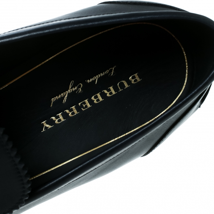 Pre Owned Burberry Dark Blue Leather Bedmoore Fringe Detail Penny Loafers Size 44
