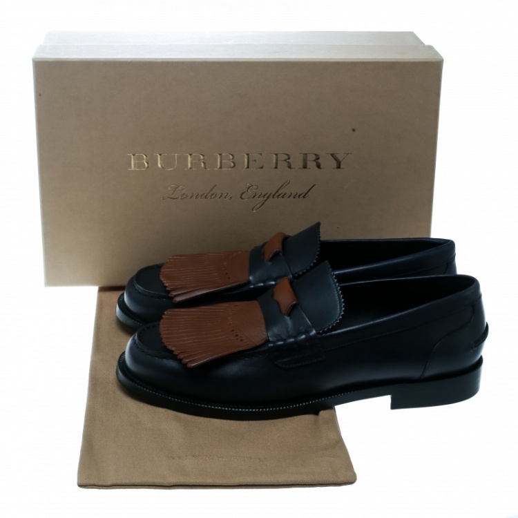 Pre Owned Burberry Dark Blue Leather Bedmoore Fringe Detail Penny Loafers Size 44