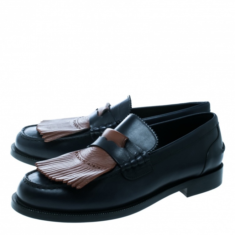 Pre Owned Burberry Dark Blue Leather Bedmoore Fringe Detail Penny Loafers Size 44