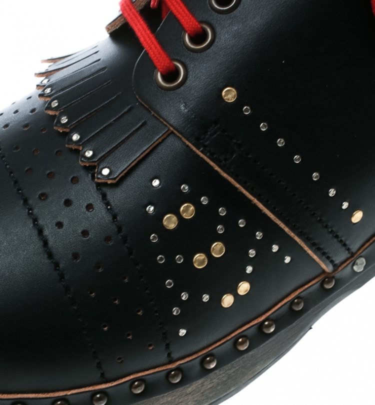 Pre Owned Burberry Black Studded Leather Antrim Fringe Detail Clog Boots Size 44