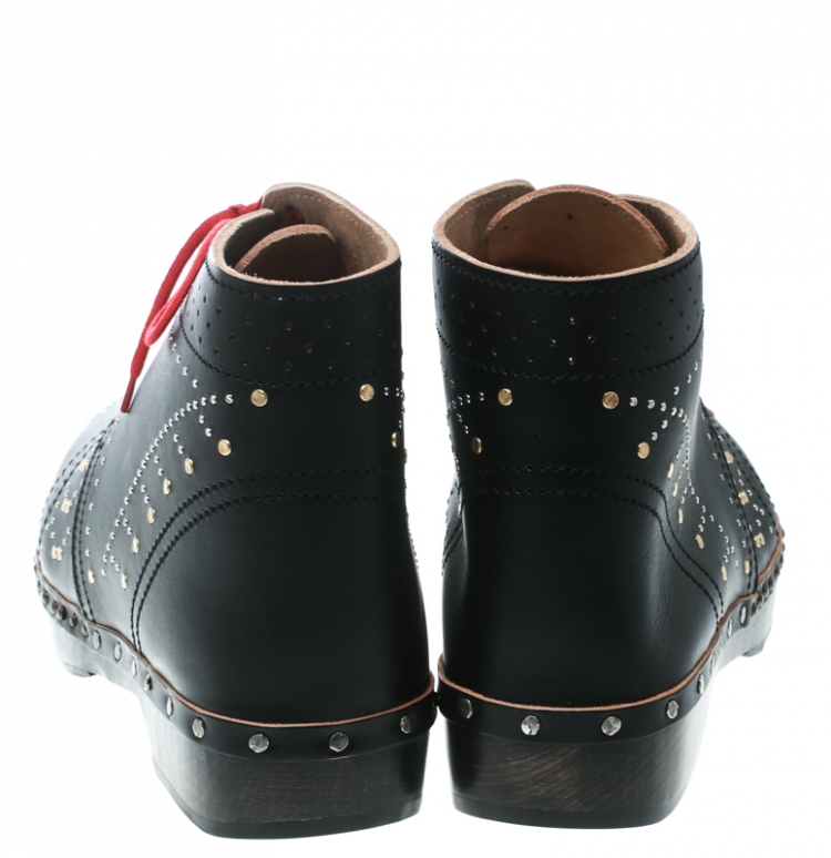 Pre Owned Burberry Black Studded Leather Antrim Fringe Detail Clog Boots Size 44