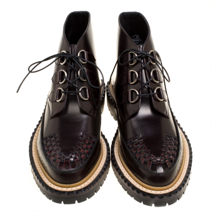 Pre Owned Burberry Burgundy Leather Melton Lace Up Platform Creeper Boots Size 40