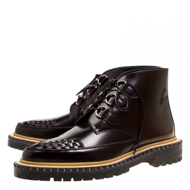 Pre Owned Burberry Burgundy Leather Melton Lace Up Platform Creeper Boots Size 40