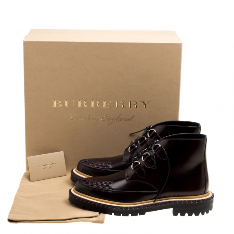 Pre Owned Burberry Burgundy Leather Melton Lace Up Platform Creeper Boots Size 40