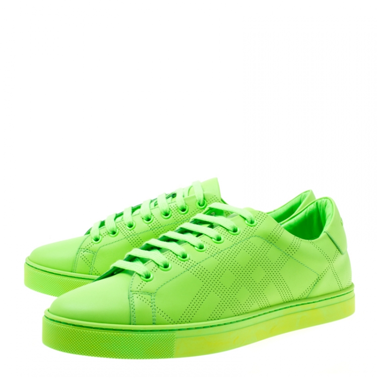 Pre Owned Burberry Florescent Green Perforated Leather Check Albert Sneakers Size 41