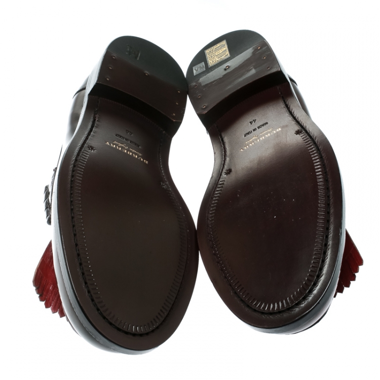Pre Owned Burberry Burgundy Leather Bedmoore Fringe Detail Penny Loafers Size 44