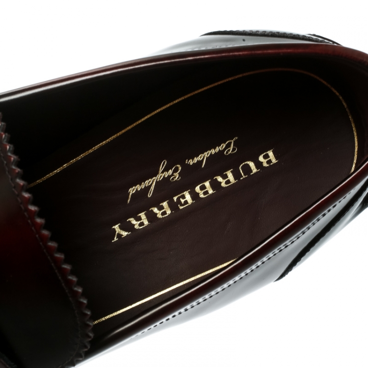 Pre Owned Burberry Burgundy Leather Bedmoore Fringe Detail Penny Loafers Size 44