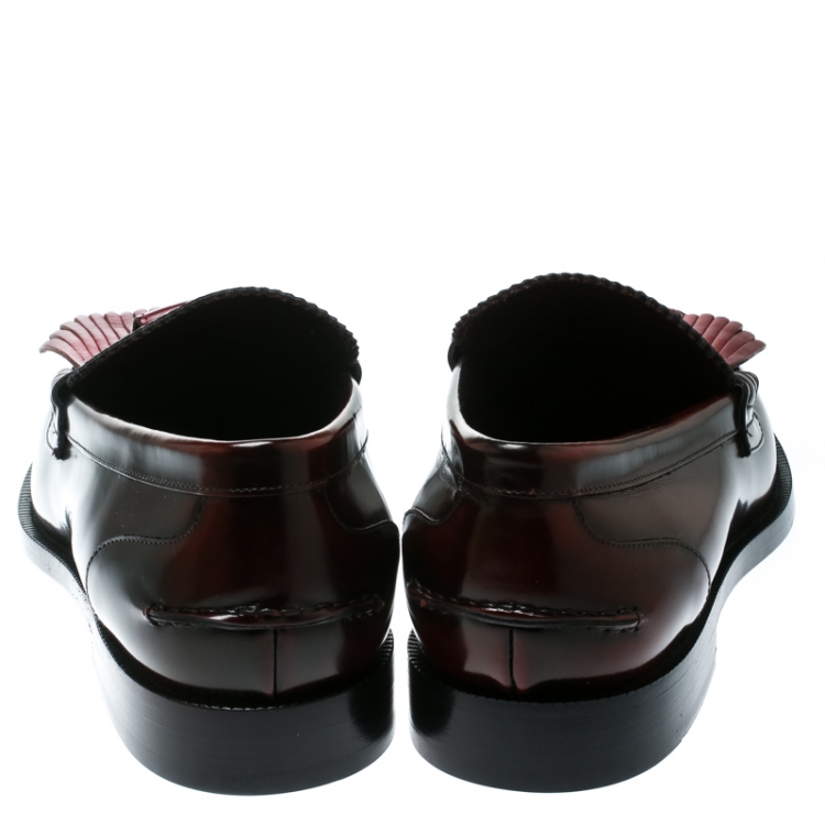 Pre Owned Burberry Burgundy Leather Bedmoore Fringe Detail Penny Loafers Size 44