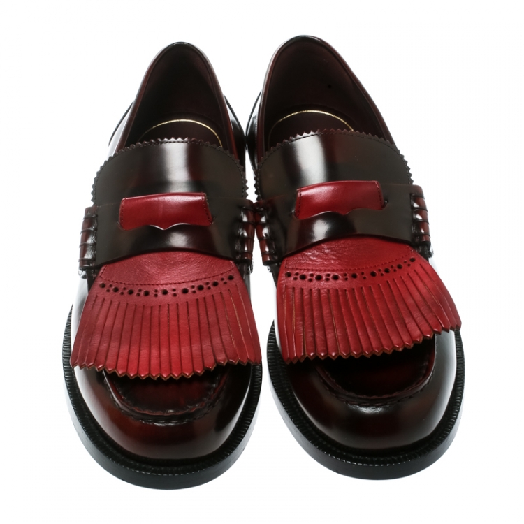 Pre Owned Burberry Burgundy Leather Bedmoore Fringe Detail Penny Loafers Size 44