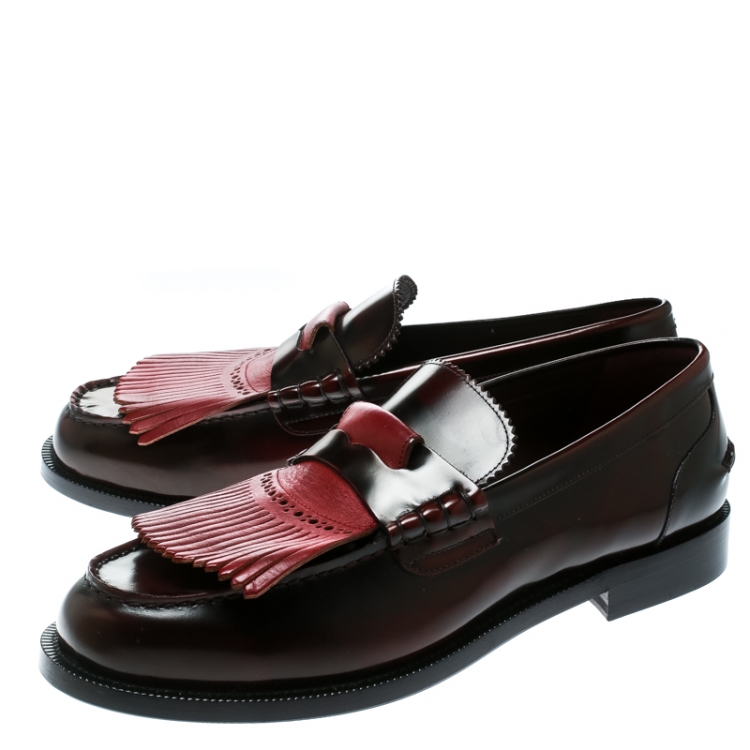 Pre Owned Burberry Burgundy Leather Bedmoore Fringe Detail Penny Loafers Size 44