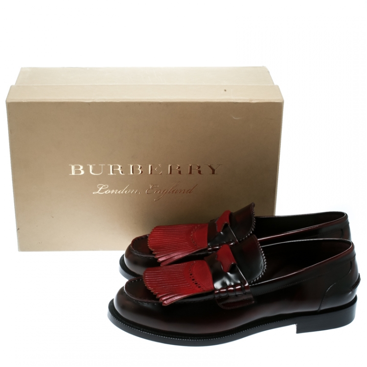 Pre Owned Burberry Burgundy Leather Bedmoore Fringe Detail Penny Loafers Size 44