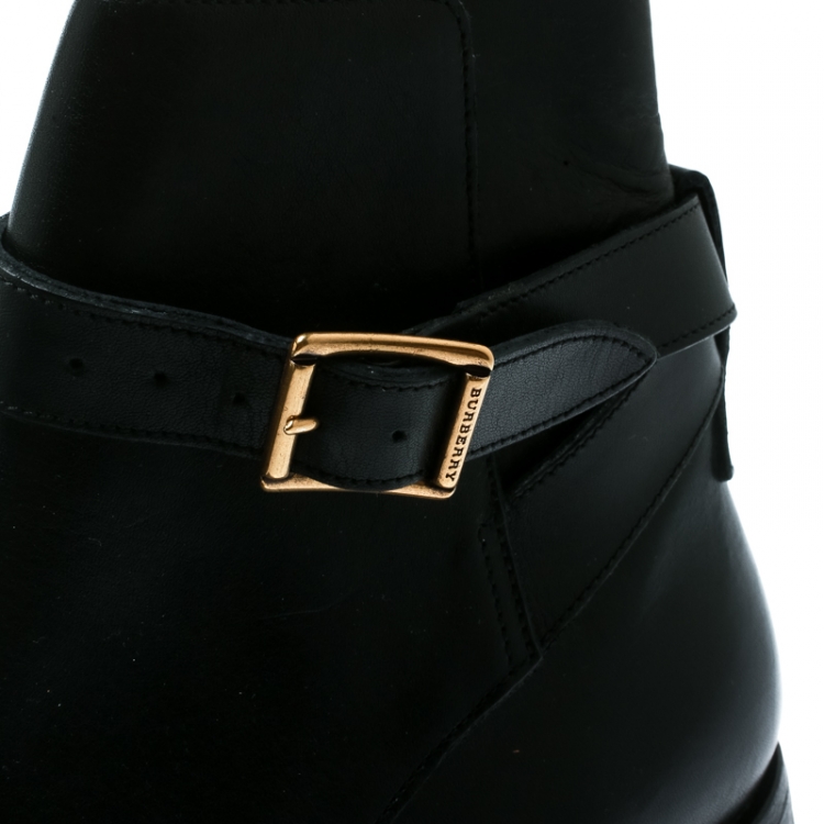 Pre Owned Burberry Black Leather Buckle Ankle Boots Size 46