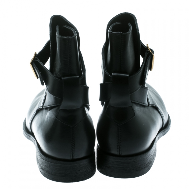 Pre Owned Burberry Black Leather Buckle Ankle Boots Size 46