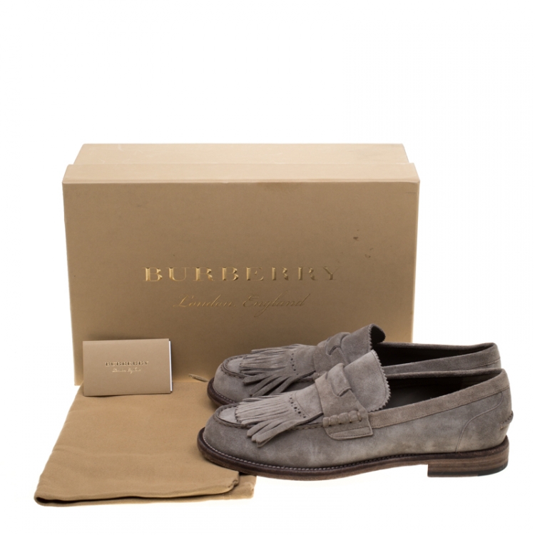 Pre Owned Burberry Grey Suede Bedmoore Fringe Detail Penny Loafers Size 42
