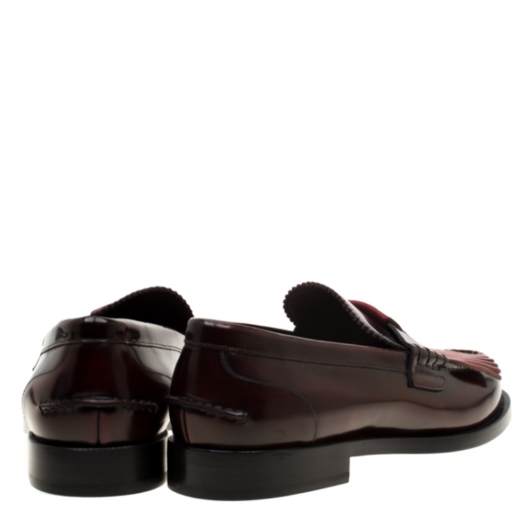 Pre Owned Burberry Burgundy Leather Bedmoore Fringe Detail Penny Loafers Size 44