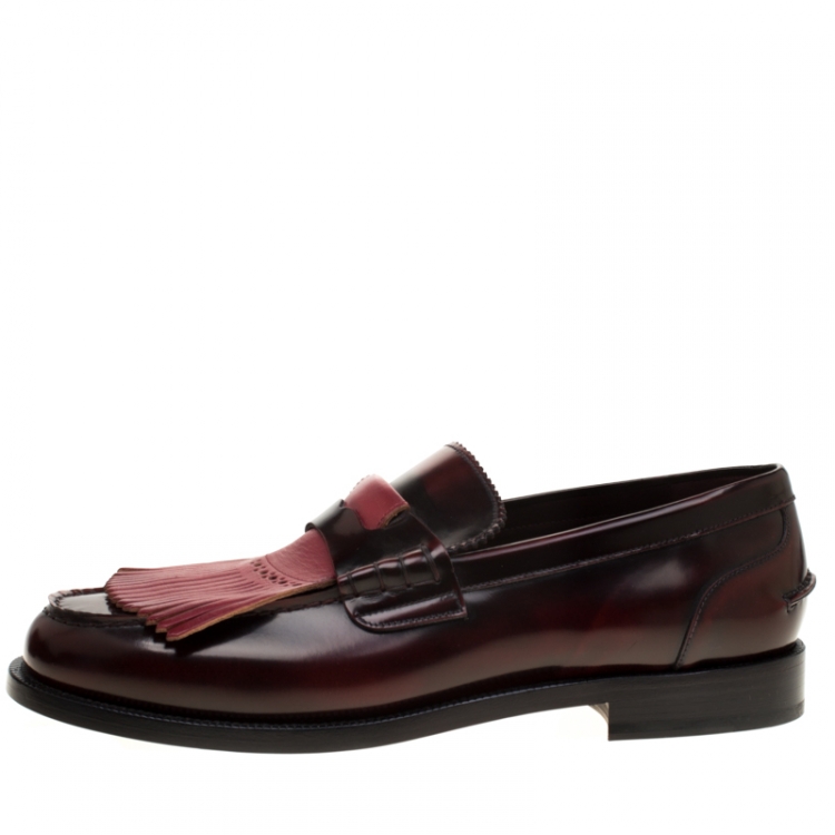 Pre Owned Burberry Burgundy Leather Bedmoore Fringe Detail Penny Loafers Size 44