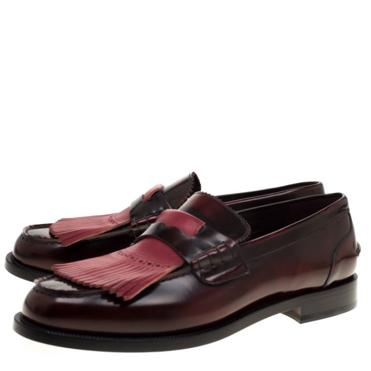 Pre Owned Burberry Burgundy Leather Bedmoore Fringe Detail Penny Loafers Size 44
